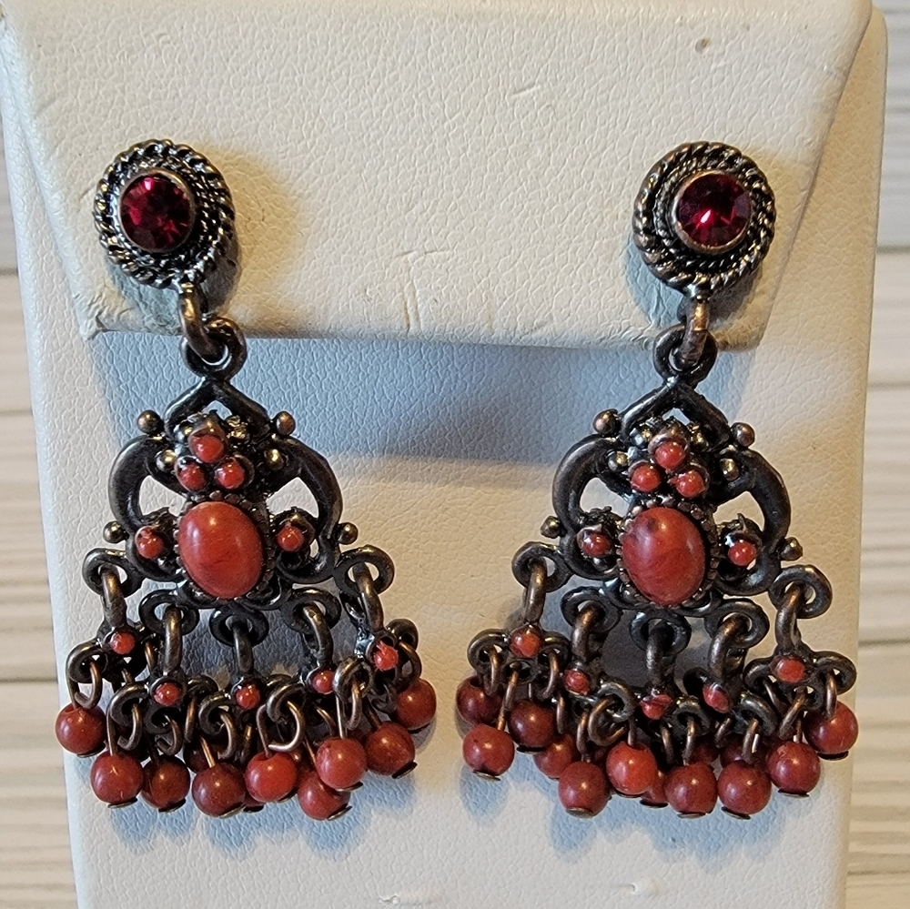 Vintage Red Beaded Antiqued Silver Tone Chandelier Dangle Earrings